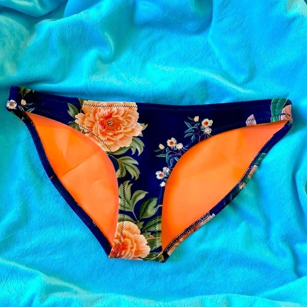 Triangl Navy Blue Bikini Bottom Orange Flowers Floral Swimwear Tropical Vacation
